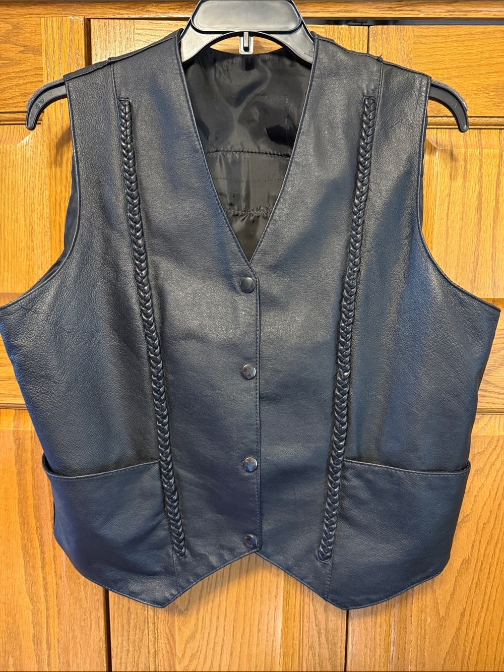 Classic Black Women’s Leather Braided Vest - Patch on Back “Harley Girl” Women